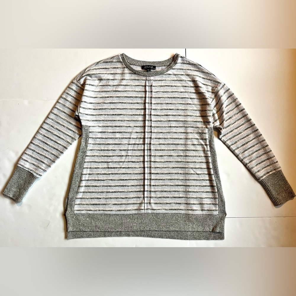 Charlie B Striped Gray and White w Pastel Colors Women’s Sweater Size Small